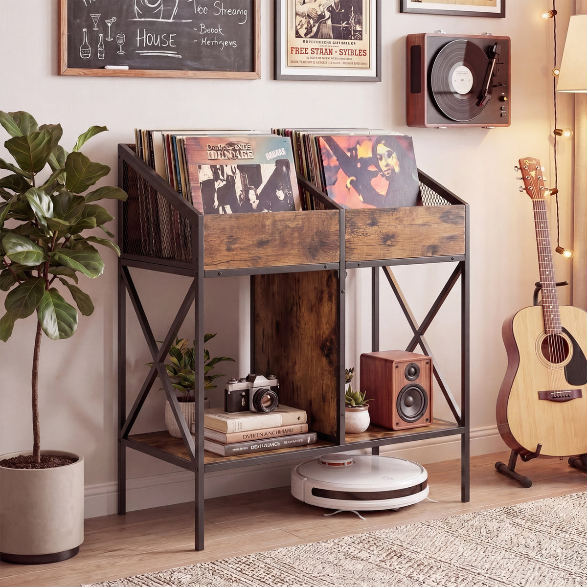 Industrial Magazine Books Record Holder with Metal Frame and Anti-tip Kits-Rustic Brown