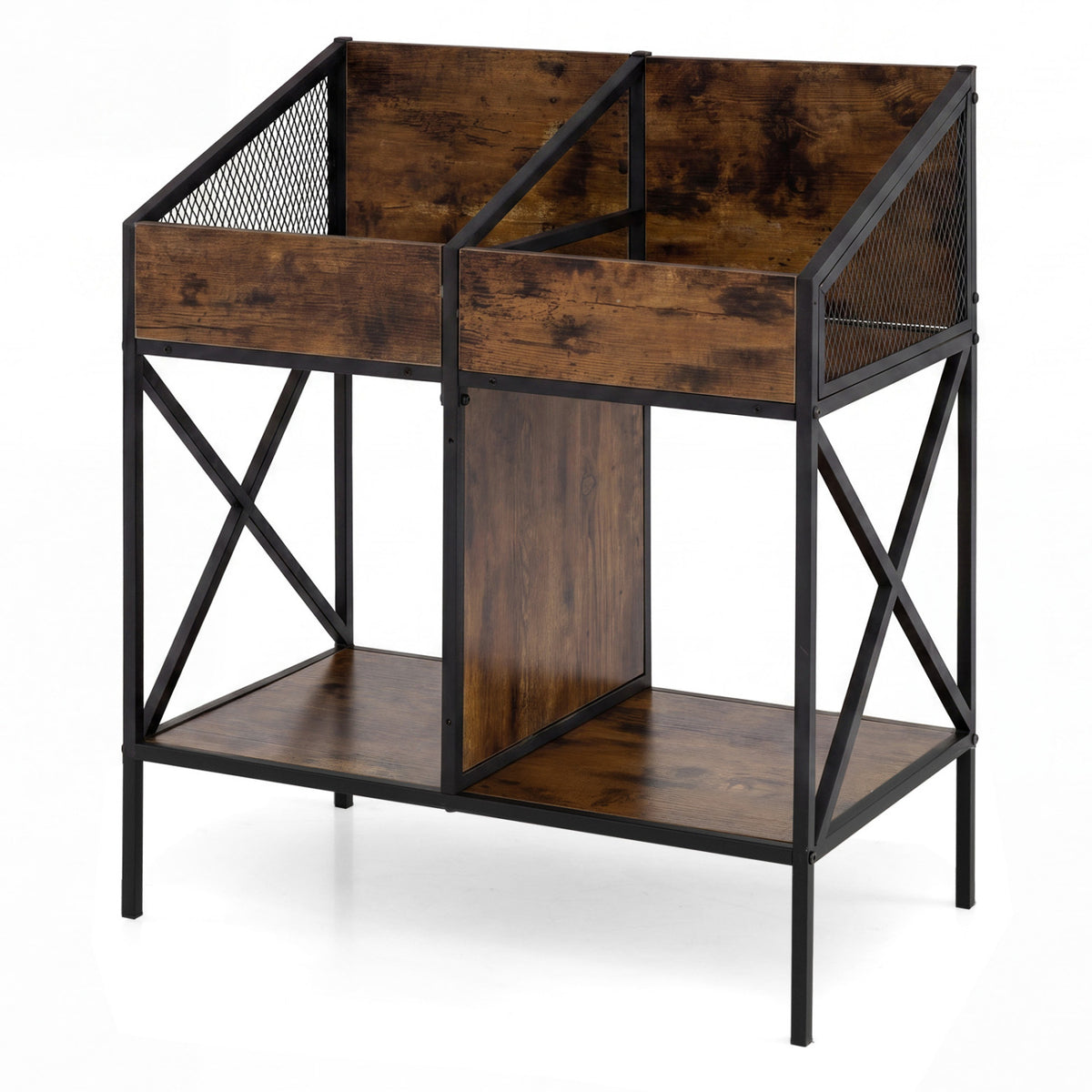 Industrial Magazine Books Record Holder with Metal Frame and Anti-tip Kits-Rustic Brown