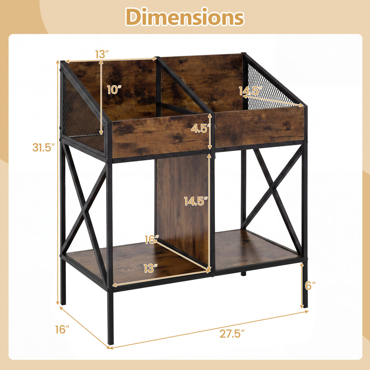 Industrial Magazine Books Record Holder with Metal Frame and Anti-tip Kits-Rustic Brown