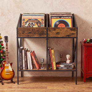 Industrial Magazine Books Record Holder with Metal Frame and Anti-tip Kits-Rustic Brown
