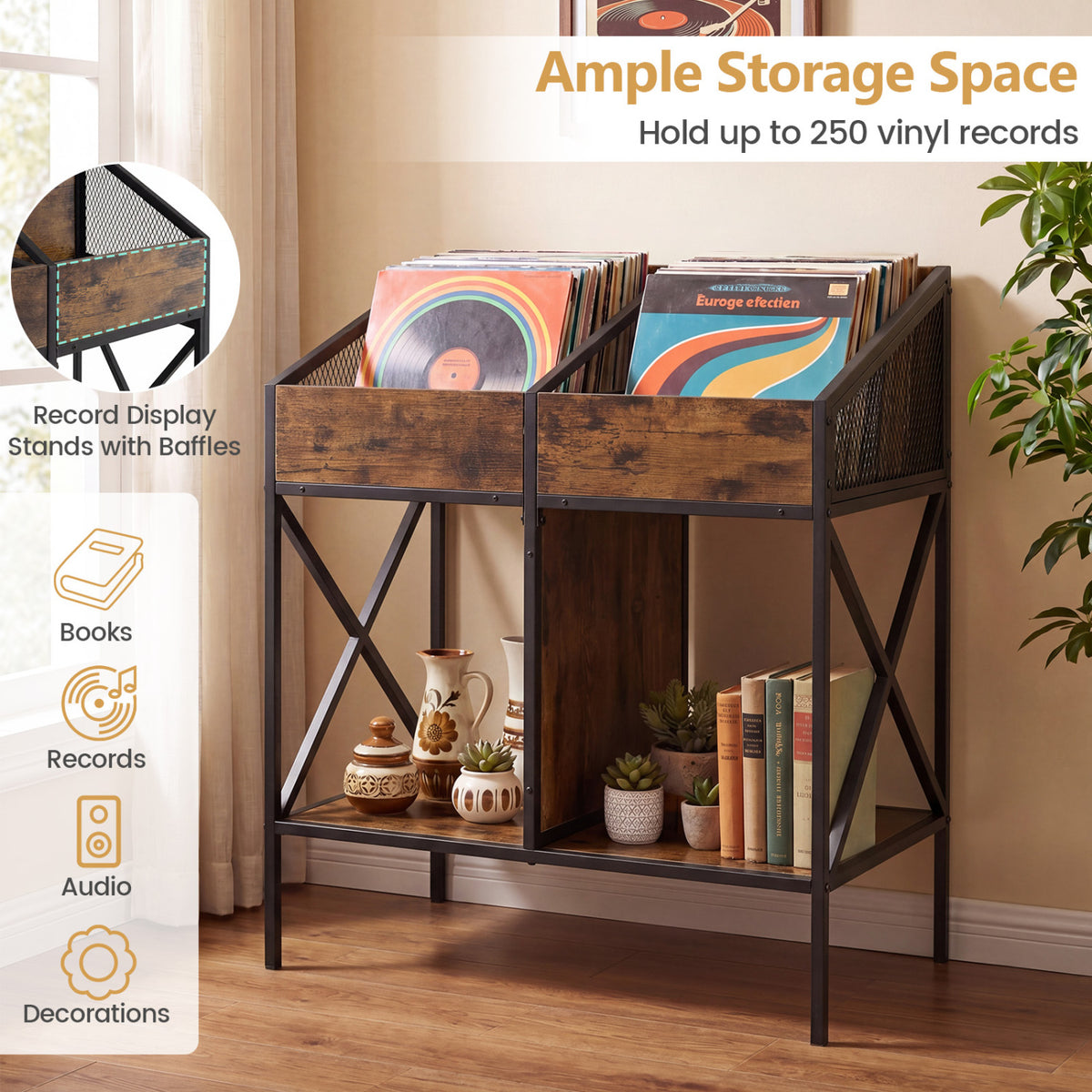 Industrial Magazine Books Record Holder with Metal Frame and Anti-tip Kits-Rustic Brown