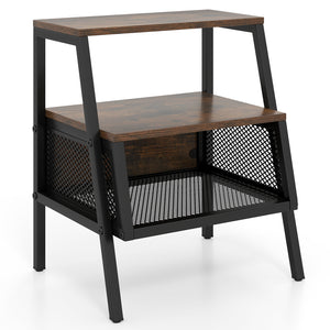 Industrial Nightstand 3-Tier End Table with 2 Open Shelves and Metal Mesh Compartment-Rustic Brown