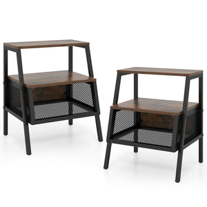 Industrial Nightstand 3-Tier End Table Set of 2 with 2 Open Shelves and Metal Mesh Compartment-Rustic Brown