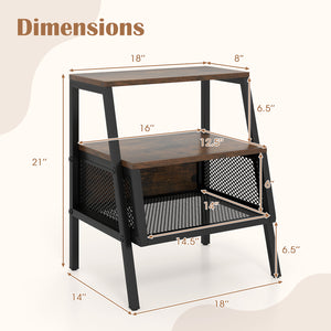 Industrial Nightstand 3-Tier End Table Set of 2 with 2 Open Shelves and Metal Mesh Compartment-Rustic Brown