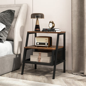 Industrial Nightstand 3-Tier End Table Set of 2 with 2 Open Shelves and Metal Mesh Compartment-Rustic Brown