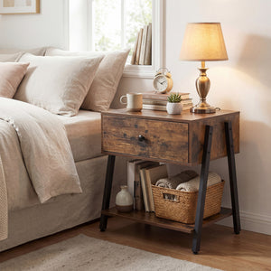 Industrial Nightstand with Drawer and Adjustable Foot Pads for Bedroom-Rustic Brown