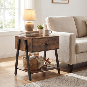 Industrial Nightstand with Drawer and Adjustable Foot Pads for Bedroom-Rustic Brown