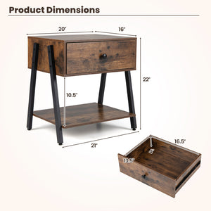 Industrial Nightstand with Drawer and Adjustable Foot Pads for Bedroom-Rustic Brown