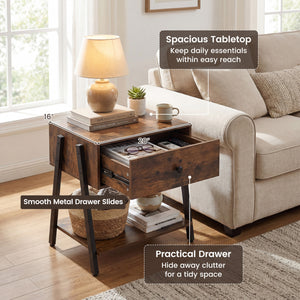 Industrial Nightstand with Drawer and Adjustable Foot Pads for Bedroom-Rustic Brown