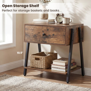 Industrial Nightstand with Drawer and Adjustable Foot Pads for Bedroom-Rustic Brown