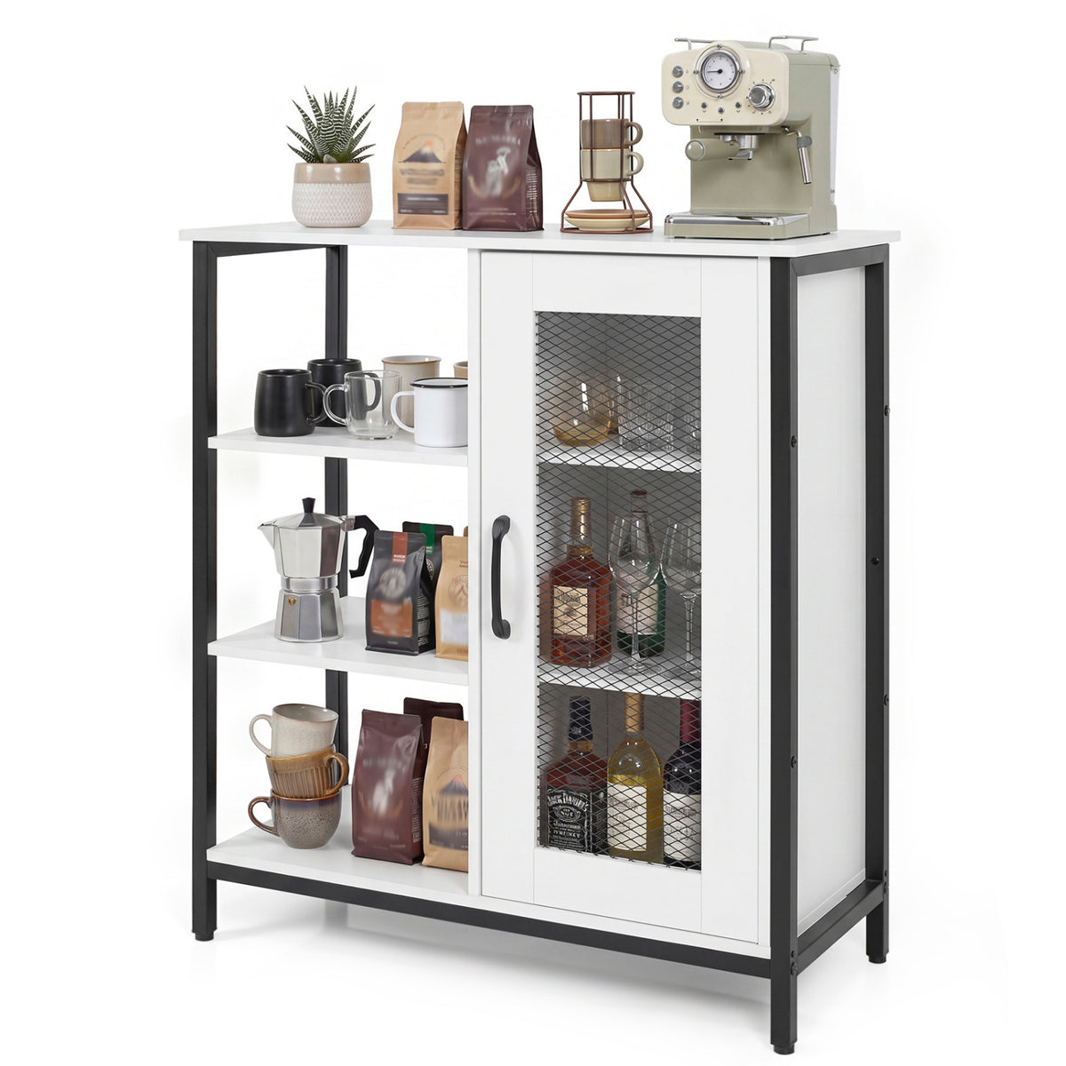Industrial Side Cabinet with Metal Mesh Door and 3 Open Shelves-White
