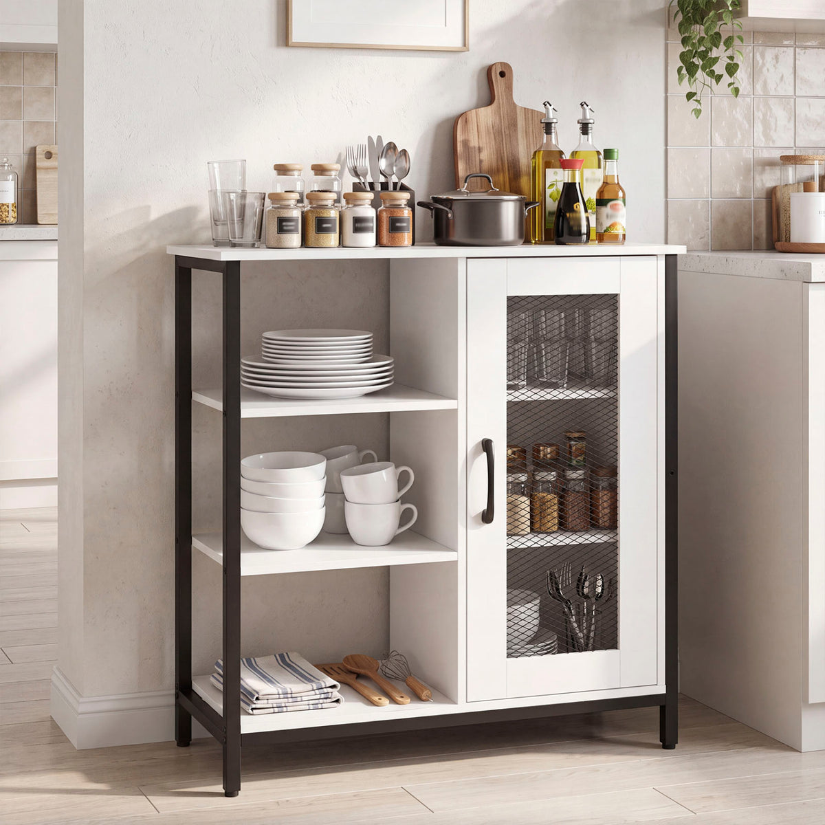 Industrial Side Cabinet with Metal Mesh Door and 3 Open Shelves-White