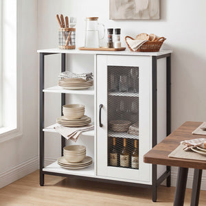 Industrial Side Cabinet with Metal Mesh Door and 3 Open Shelves-White