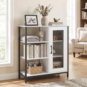 Industrial Side Cabinet with Metal Mesh Door and 3 Open Shelves-White