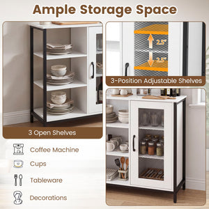 Industrial Side Cabinet with Metal Mesh Door and 3 Open Shelves-White