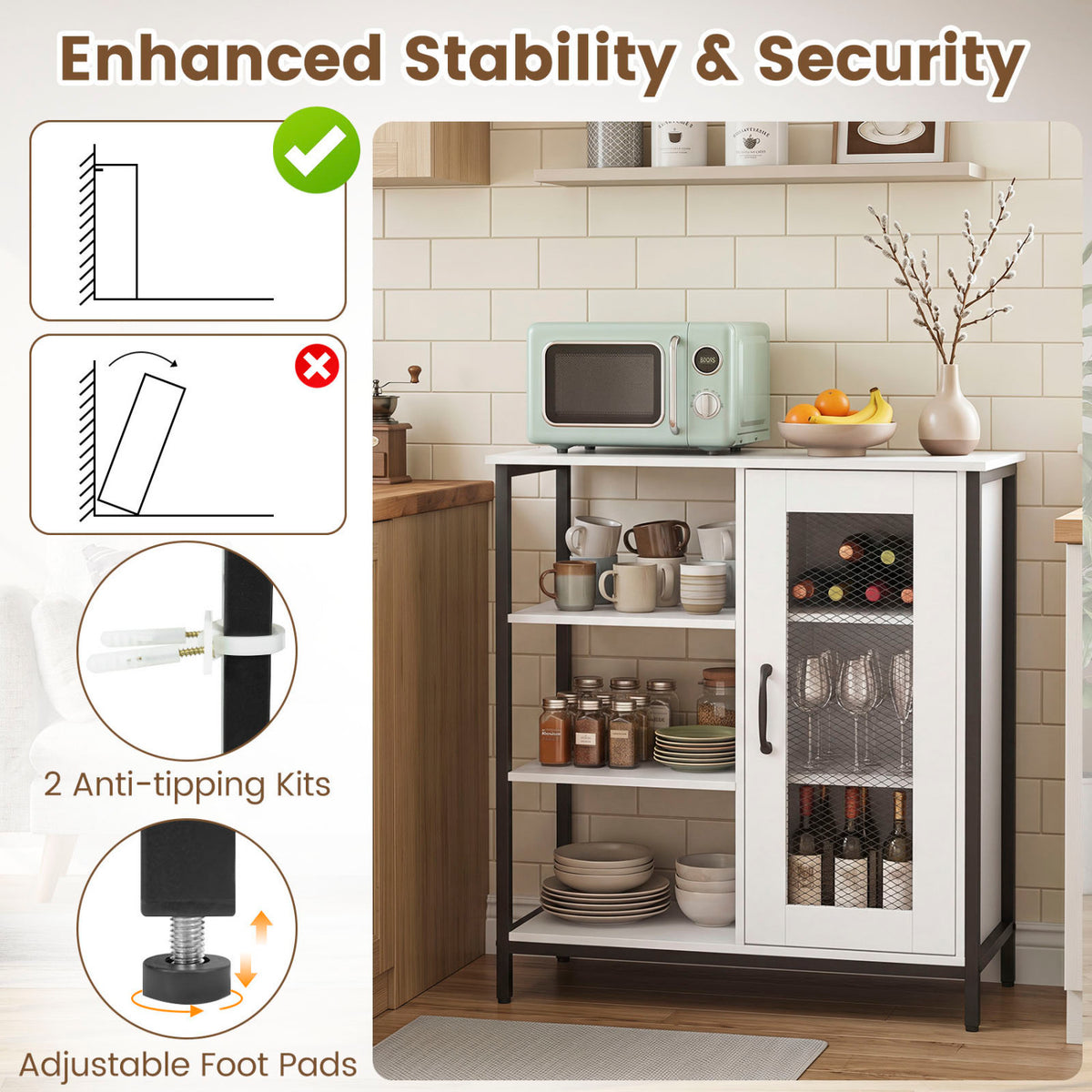 Industrial Side Cabinet with Metal Mesh Door and 3 Open Shelves-White