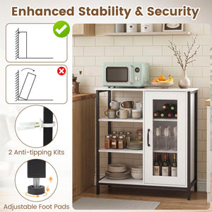 Industrial Side Cabinet with Metal Mesh Door and 3 Open Shelves-White