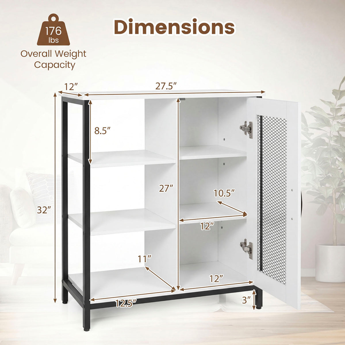 Industrial Side Cabinet with Metal Mesh Door and 3 Open Shelves-White