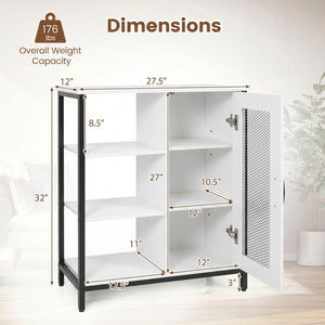 Industrial Side Cabinet with Metal Mesh Door and 3 Open Shelves-White