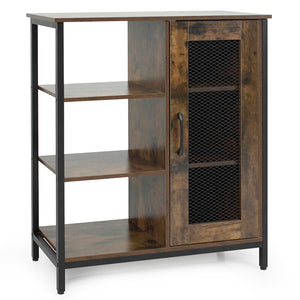 Industrial Side Cabinet with Metal Mesh Door and 3 Open Shelves-Rustic Brown