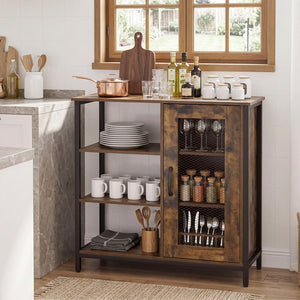 Industrial Side Cabinet with Metal Mesh Door and 3 Open Shelves-Rustic Brown