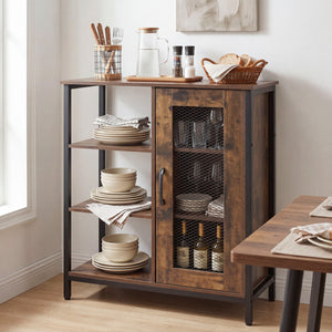 Industrial Side Cabinet with Metal Mesh Door and 3 Open Shelves-Rustic Brown