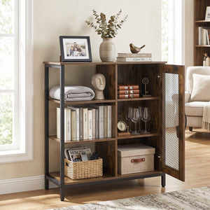 Industrial Side Cabinet with Metal Mesh Door and 3 Open Shelves-Rustic Brown