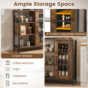 Industrial Side Cabinet with Metal Mesh Door and 3 Open Shelves-Rustic Brown