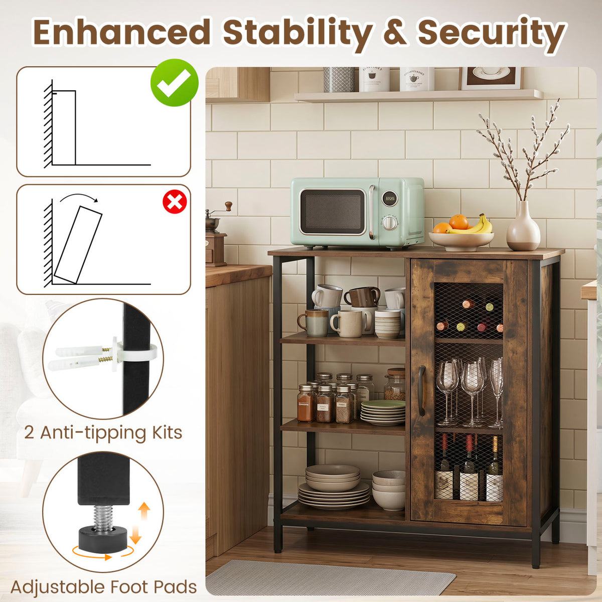 Industrial Side Cabinet with Metal Mesh Door and 3 Open Shelves-Rustic Brown