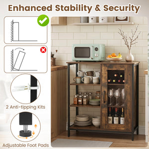 Industrial Side Cabinet with Metal Mesh Door and 3 Open Shelves-Rustic Brown