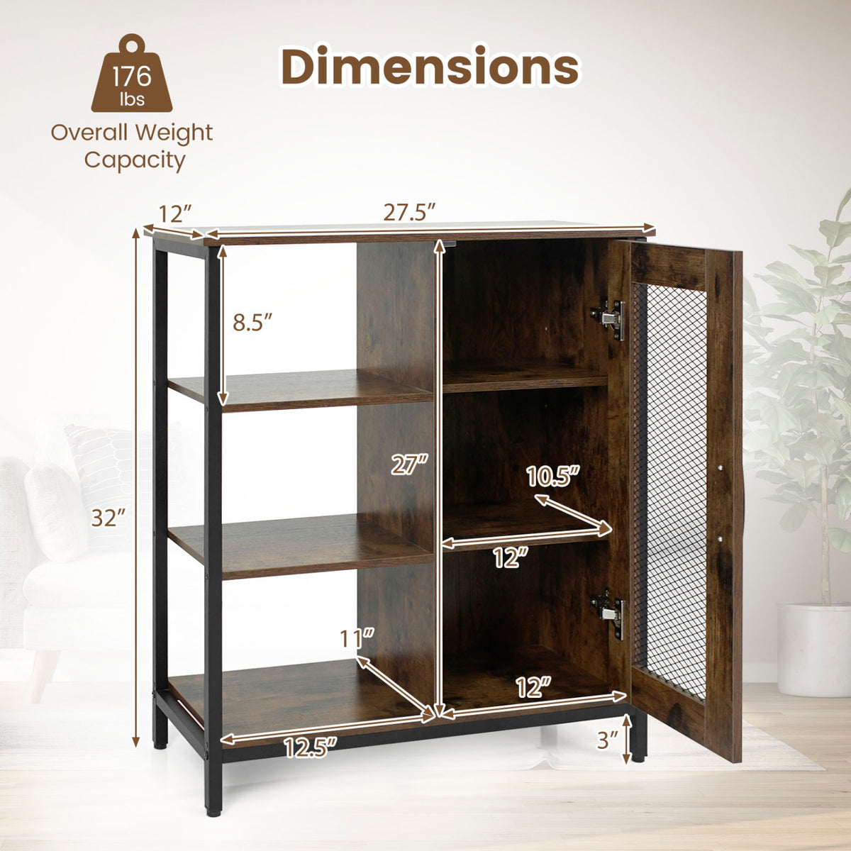 Industrial Side Cabinet with Metal Mesh Door and 3 Open Shelves-Rustic Brown