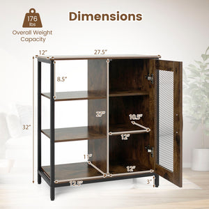 Industrial Side Cabinet with Metal Mesh Door and 3 Open Shelves-Rustic Brown
