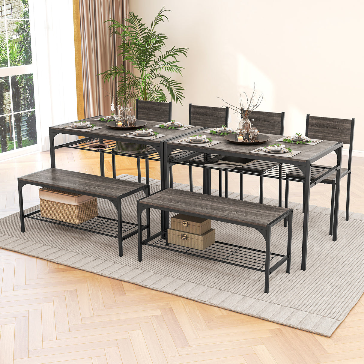 Industrial Style Rectangular Kitchen Table with Bench and Chairs-Gray
