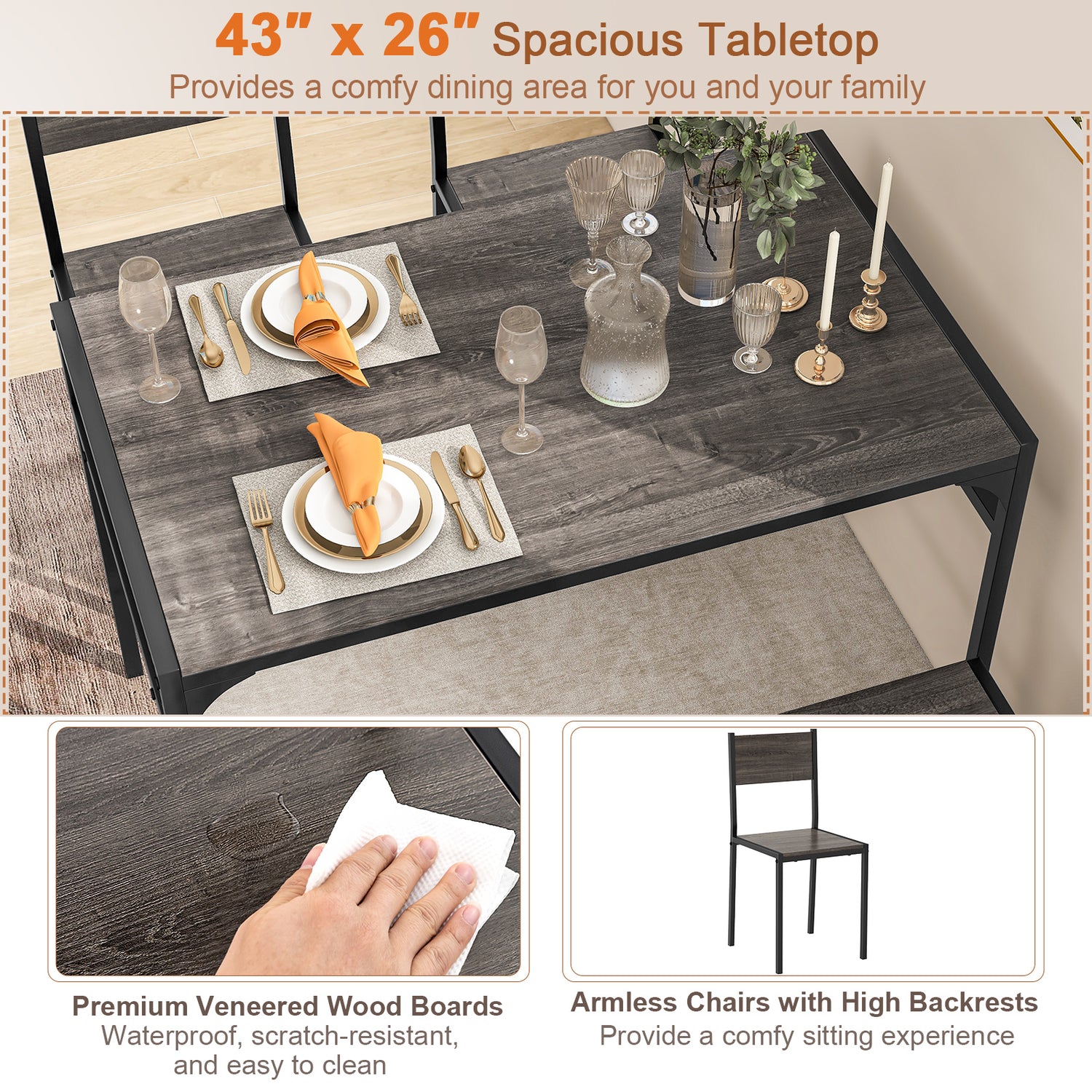 Industrial Style Rectangular Kitchen Table with Bench and Chairs-Gray