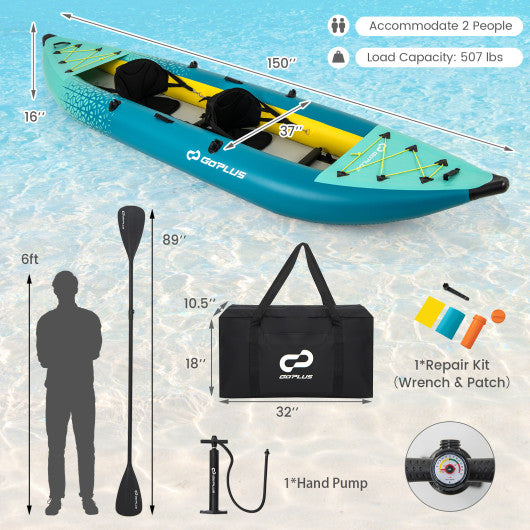 Inflatable 2-person Kayak Set with Aluminium Oars and Repair Kit-Green