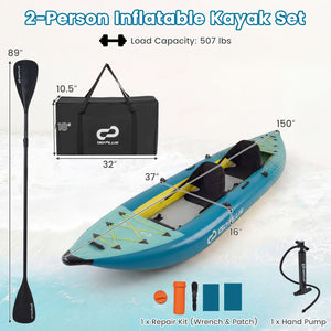 Inflatable 2-person Kayak Set with Aluminium Oars and Repair Kit-Green