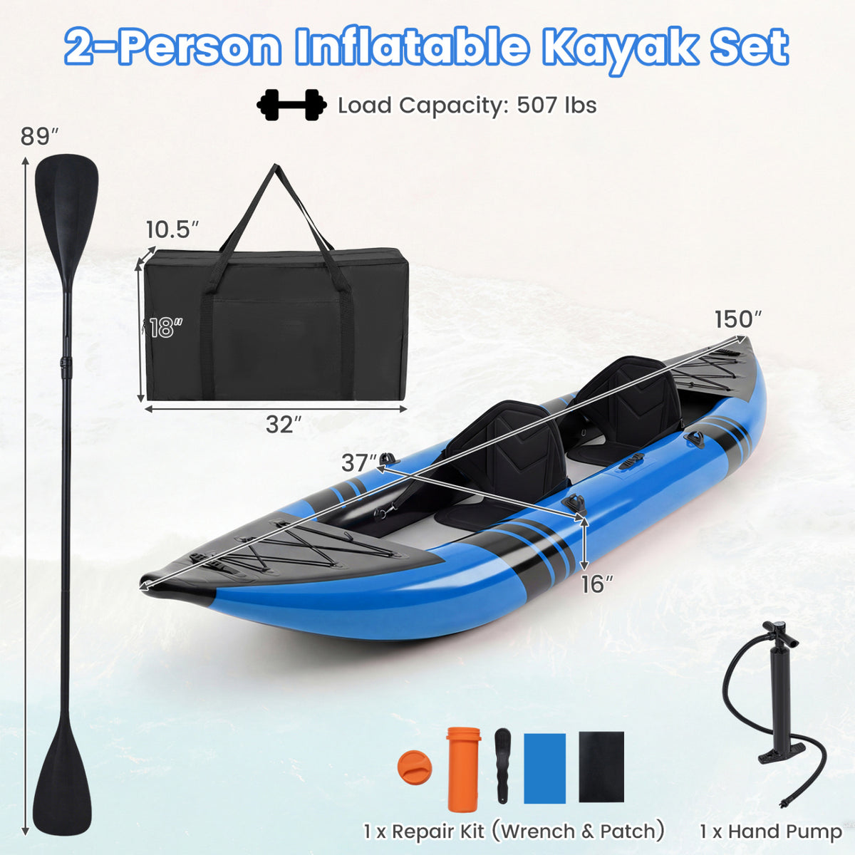 Inflatable 2-person Kayak Set with Aluminium Oars and Repair Kit-Blue