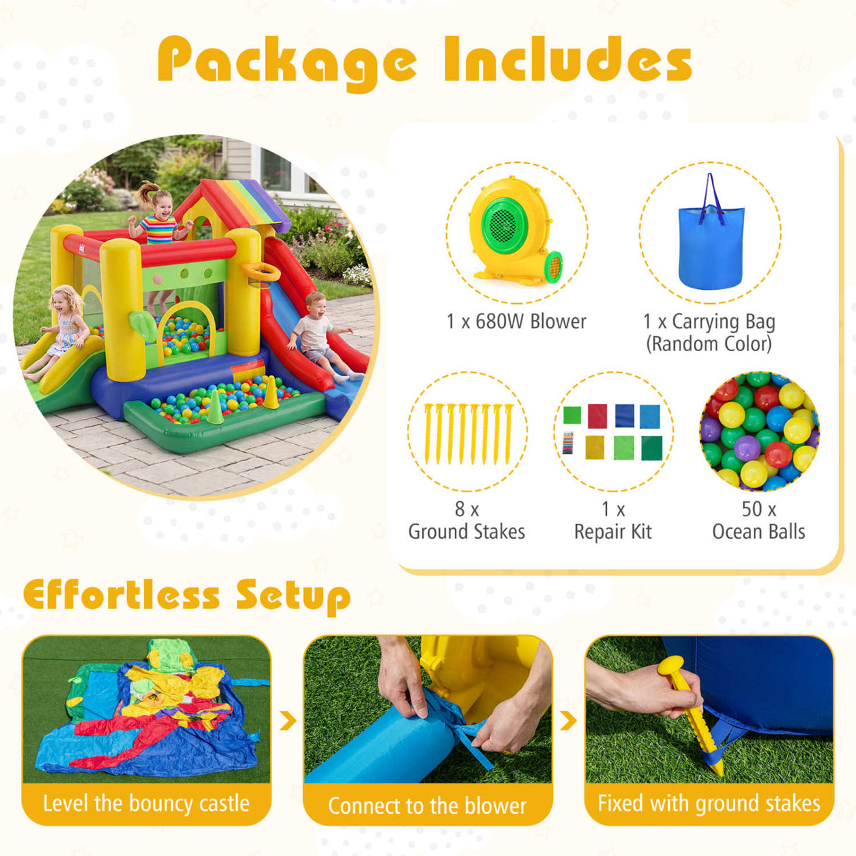 Inflatable Bounce Castle with Double Slides and 735W Blower
