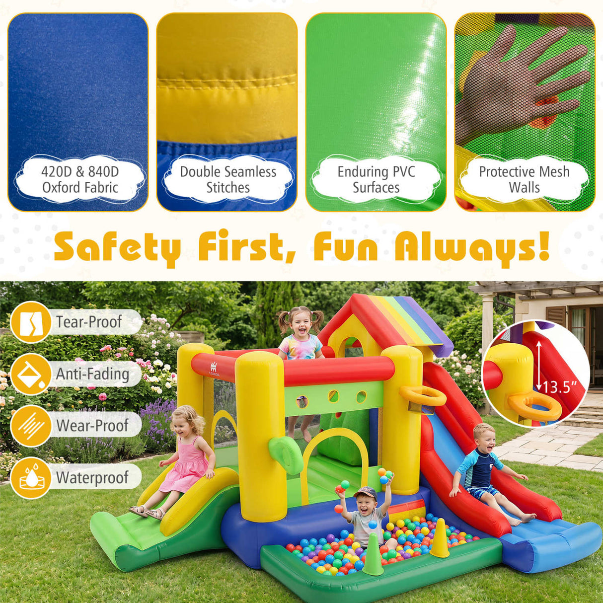 Inflatable Bounce Castle with Double Slides and 735W Blower