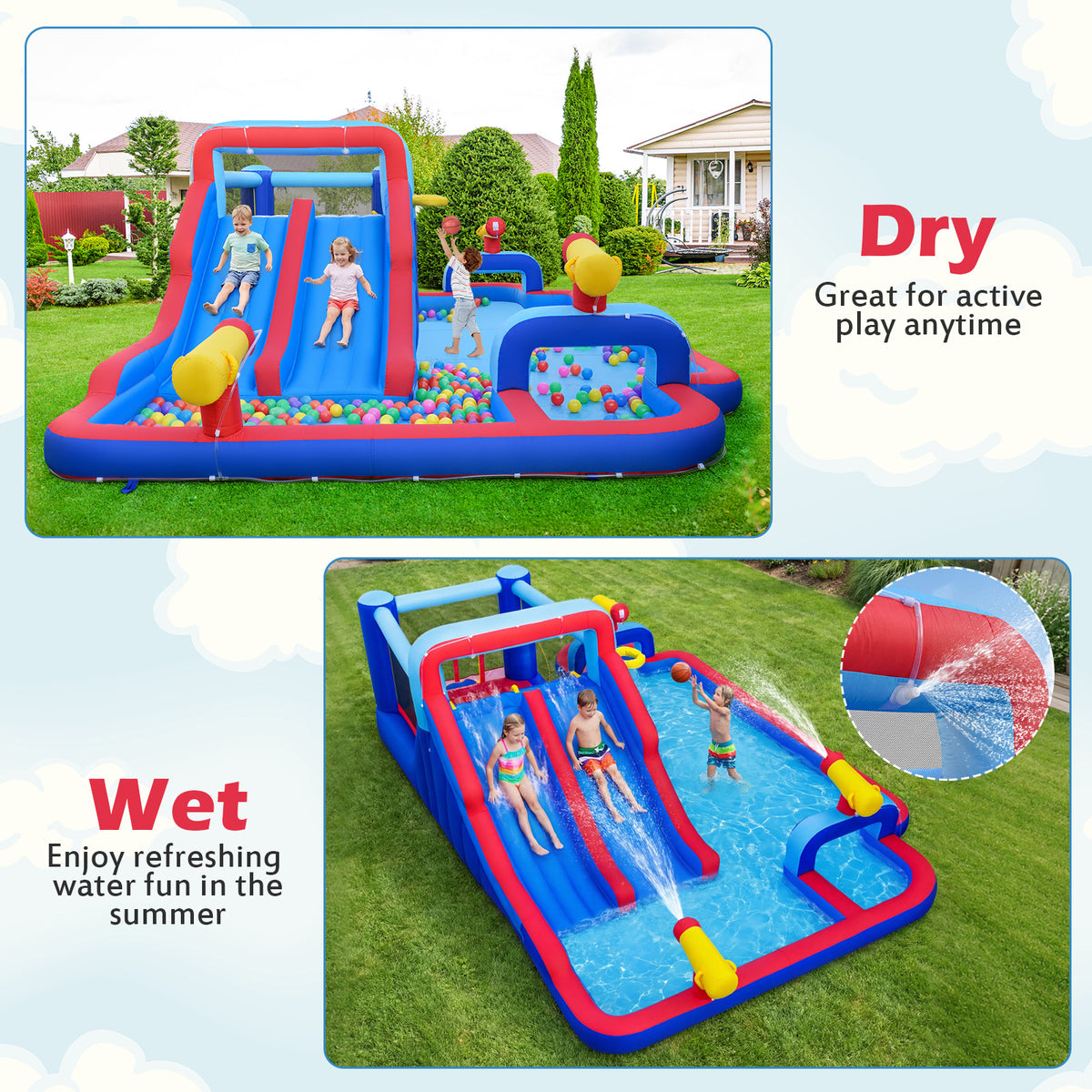 Inflatable Bounce House with 2 Water Slides and 3 Water Cannons With 680W Blower