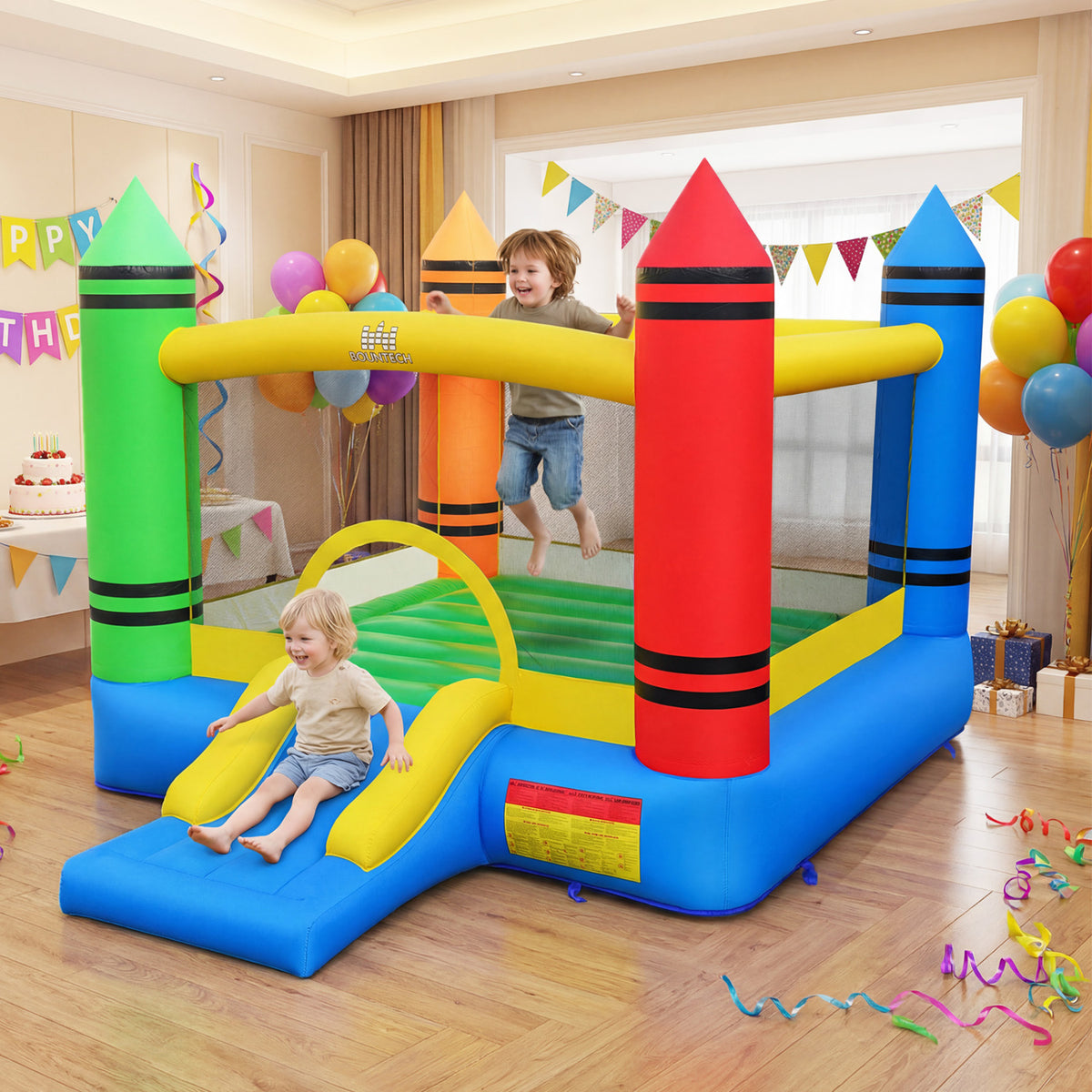 Inflatable Bounce House 2-in-1 Crayon Themed Kids Bouncer with 550W Blower