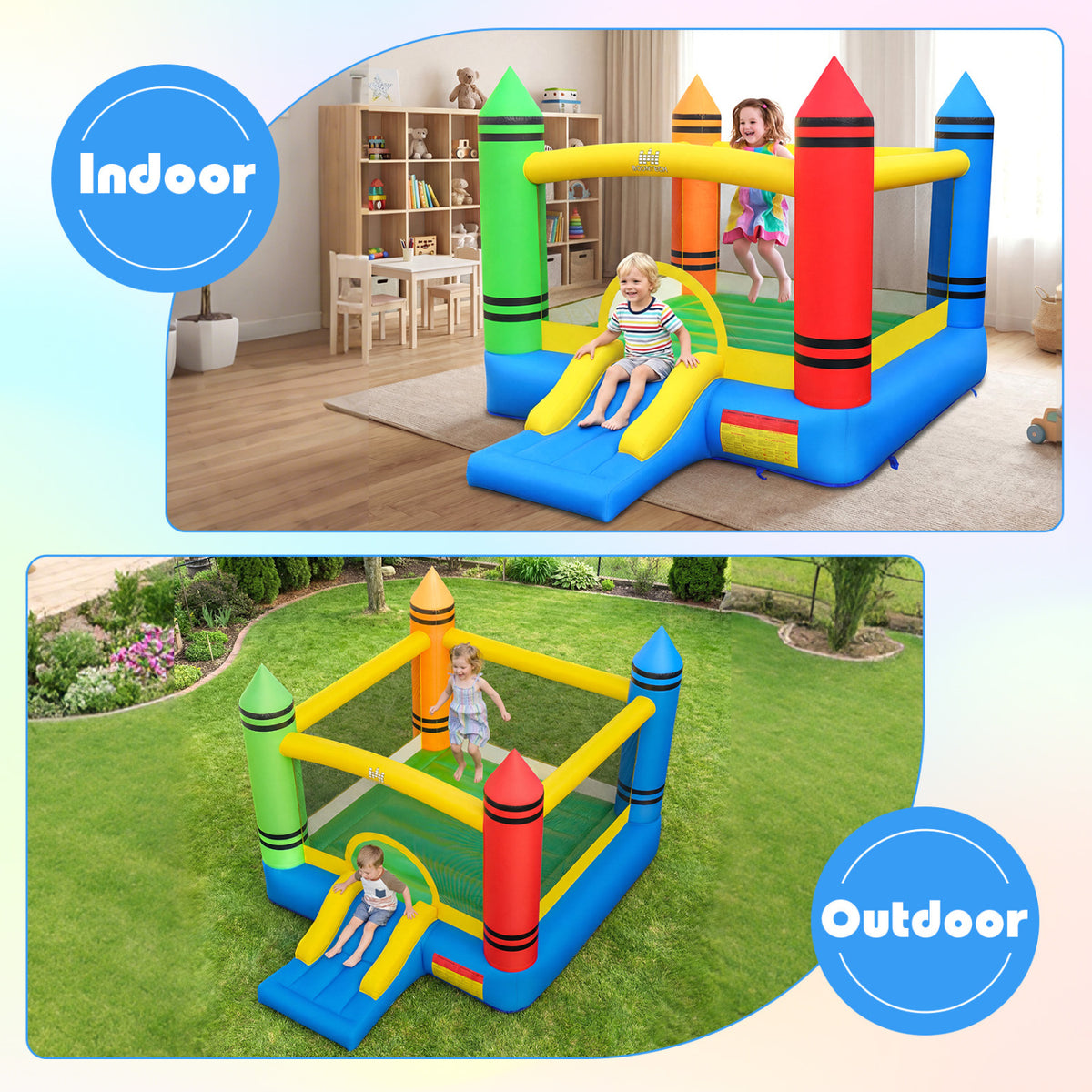Inflatable Bounce House 2-in-1 Crayon Themed Kids Bouncer with 550W Blower