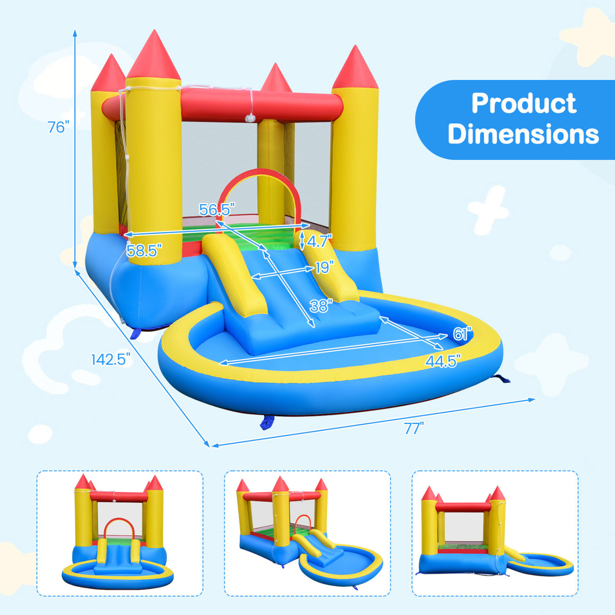 Inflatable Bounce House with Water Slide and 370W Blower-Multicolor