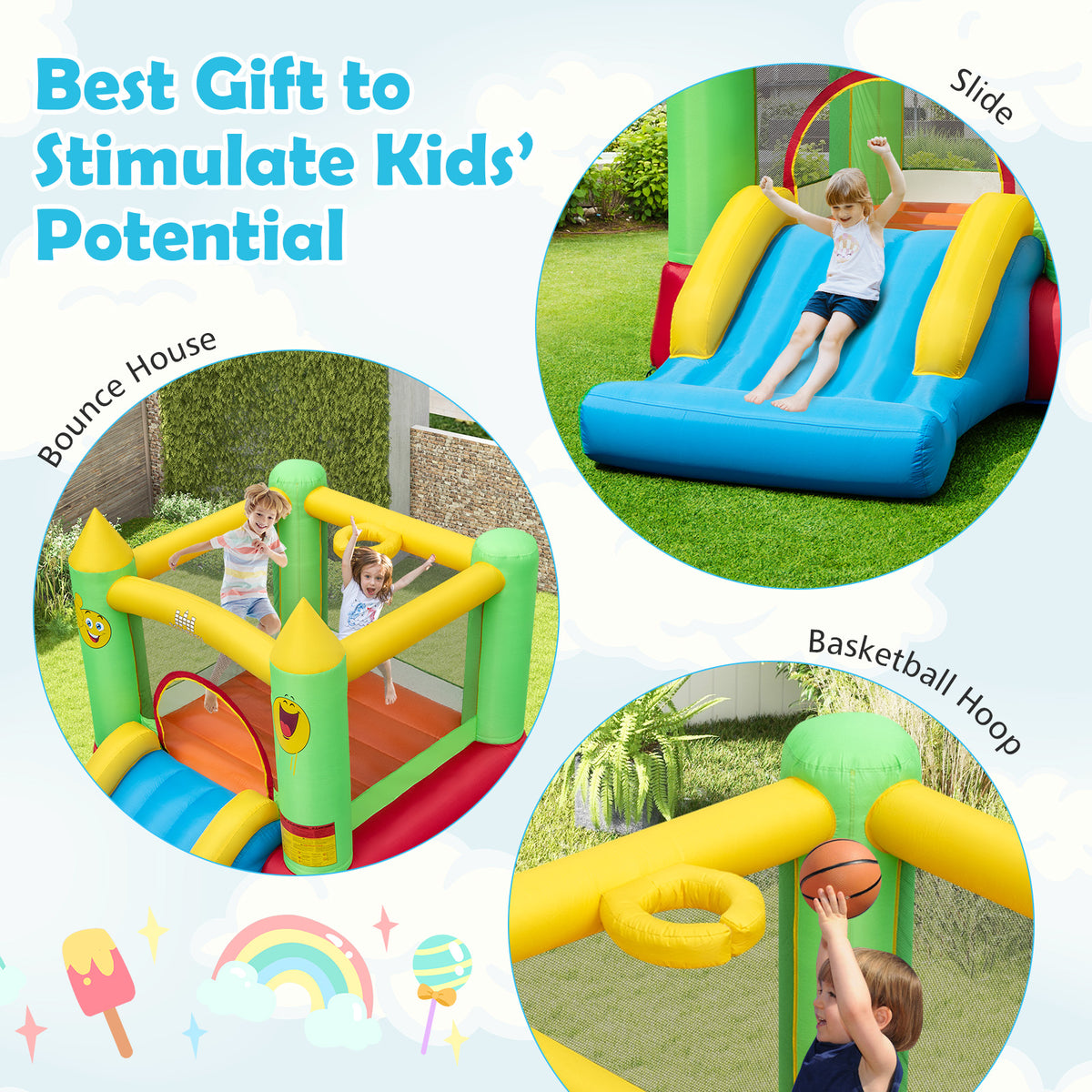 Inflatable Bounce House Kids Blow-up Bouncer with Slide with 480W Blower