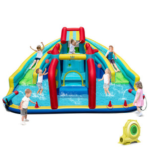 Inflatable Double Water Slide Park with Obstacle Course and 735W Blower