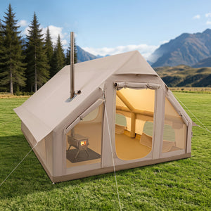 Inflatable  Easy Setup 4 Season Waterproof Oxford Camping Tent for Camping with Stove Jack for 6-10 Person-Beige
