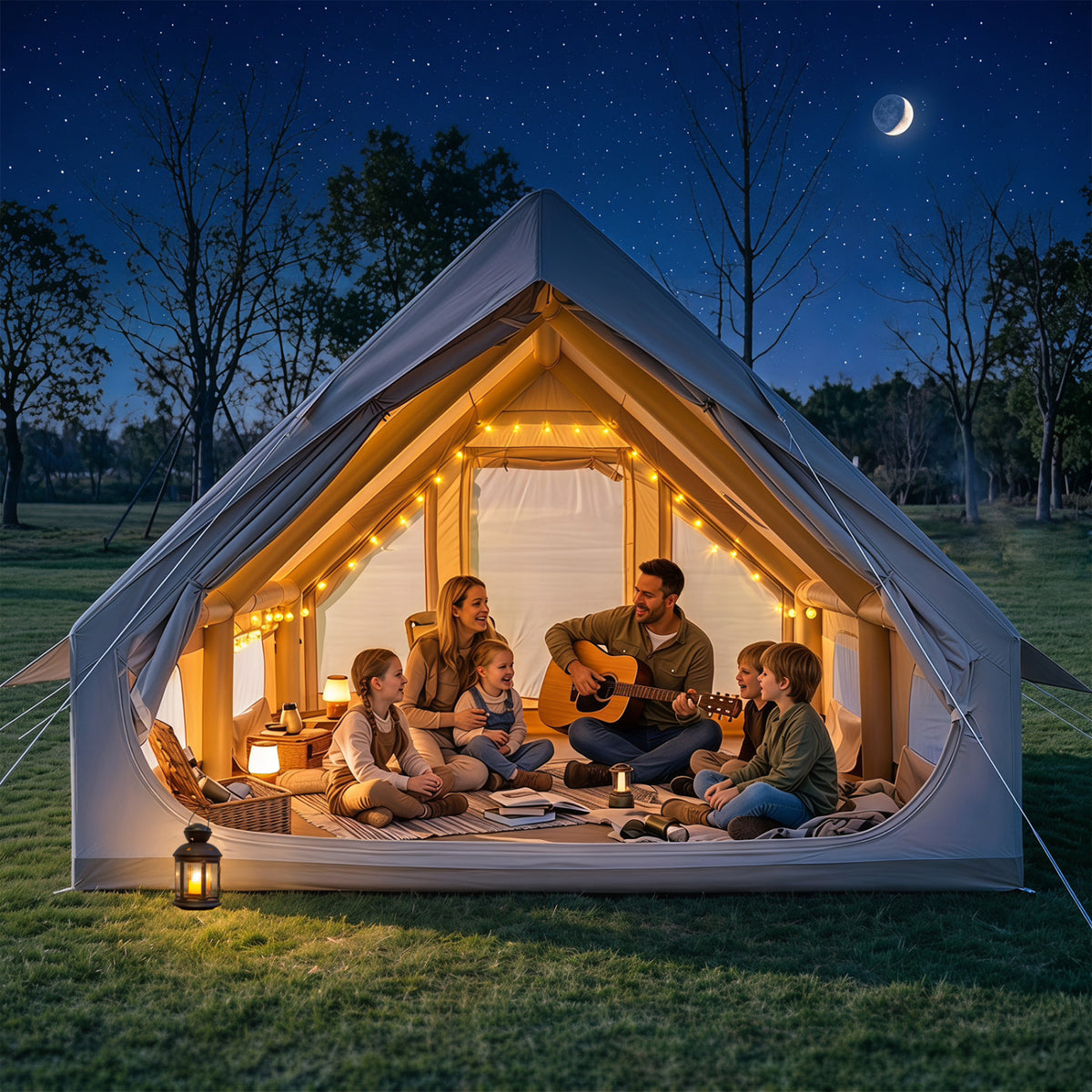 Inflatable  Easy Setup 4 Season Waterproof Oxford Camping Tent for Camping with Stove Jack for 6-10 Person-Beige