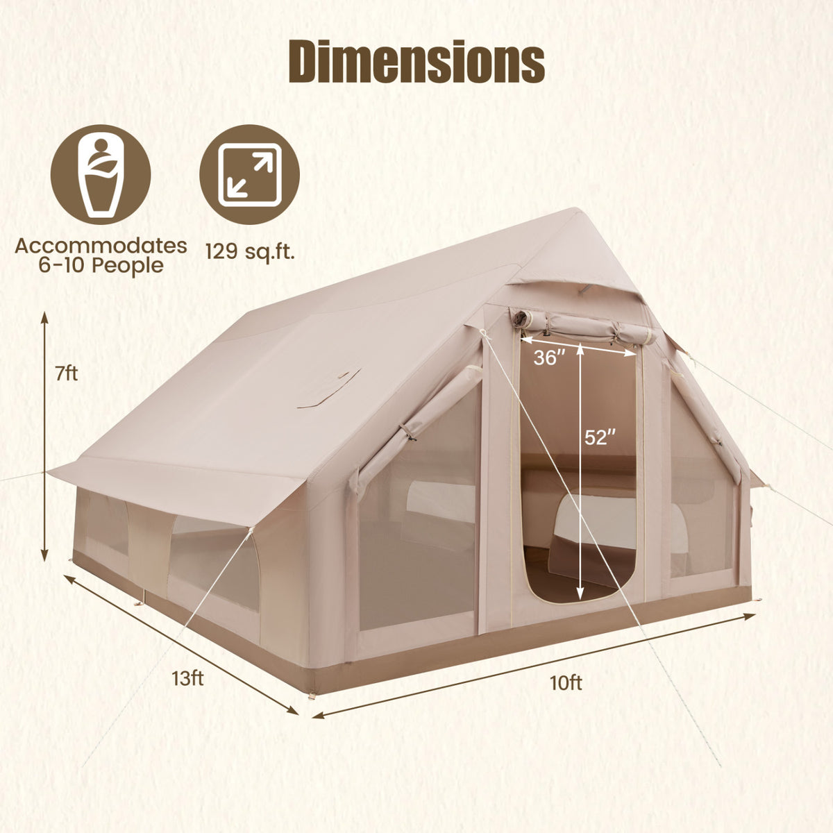 Inflatable  Easy Setup 4 Season Waterproof Oxford Camping Tent for Camping with Stove Jack for 6-10 Person-Beige