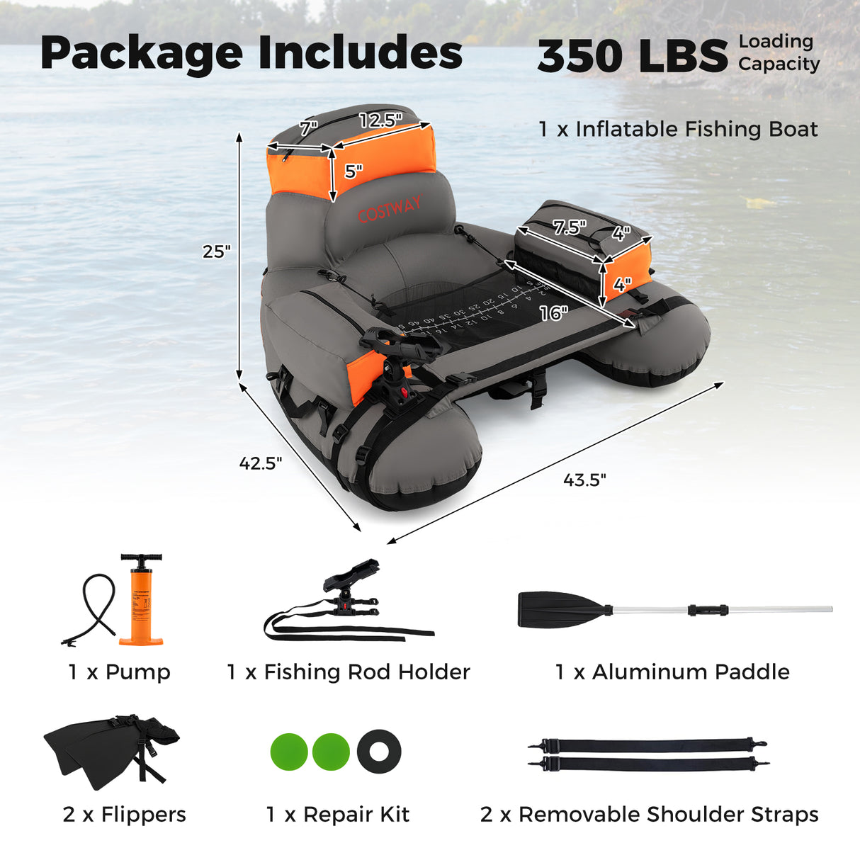 Inflatable Fishing Float Tube with Shoulder Straps and Storage for Angling-Orange