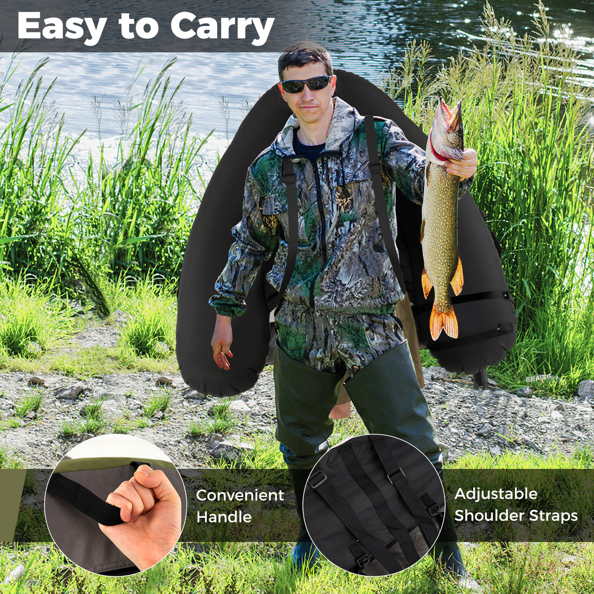 Inflatable Fishing Float Tube with Shoulder Straps and Storage for Angling-Green